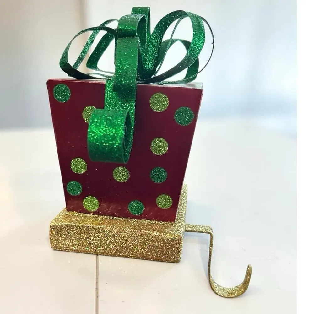 Christmas Stocking Hanger Red W/Green Dots. Gold Glitter Base Grinchy Look